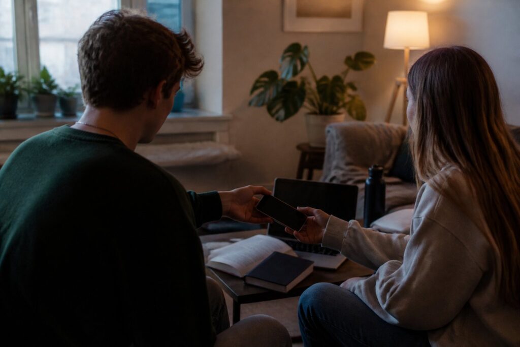 Två unga personer i ett vardagsrum, den ena räcker över en mobiltelefon till den andra