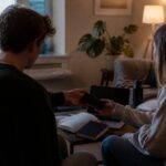 Två unga personer i ett vardagsrum, den ena räcker över en mobiltelefon till den andra