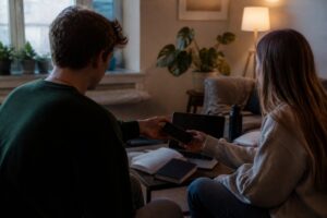 Två unga personer i ett vardagsrum, den ena räcker över en mobiltelefon till den andra